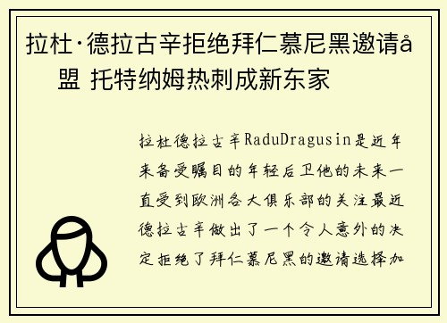 拉杜·德拉古辛拒绝拜仁慕尼黑邀请加盟 托特纳姆热刺成新东家 拉杜·德拉古辛拒绝拜仁慕尼黑邀请加盟 托特纳姆热刺成新东家
